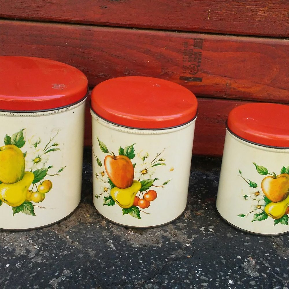 Three Vintage Decoware Nesting Canisters with Apple, Pear and Cherries, Tin